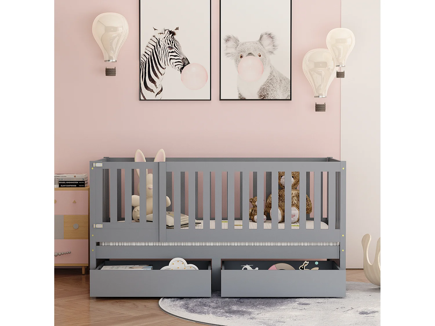 Lit bébé évolutif - 90 x 200 cm - 2 tiroirs - bois massif - sommier à lattes - coloris gris