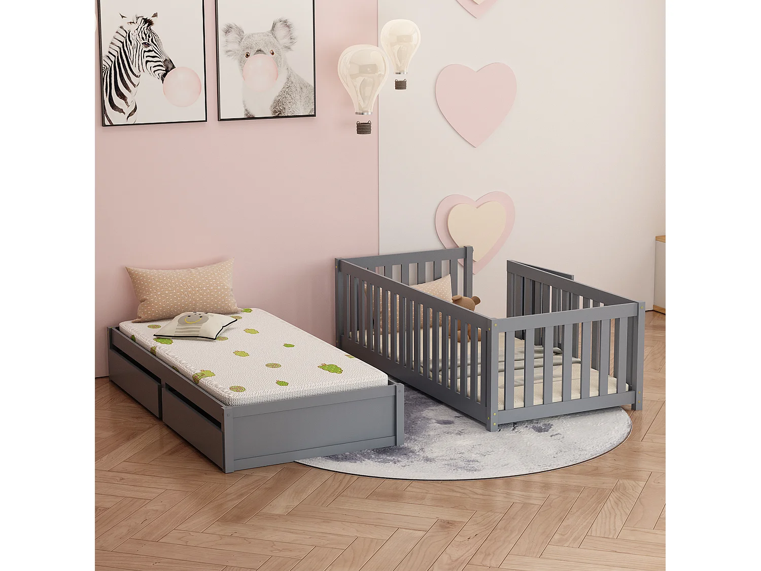 Lit bébé évolutif - 90 x 200 cm - 2 tiroirs - bois massif - sommier à lattes - coloris gris