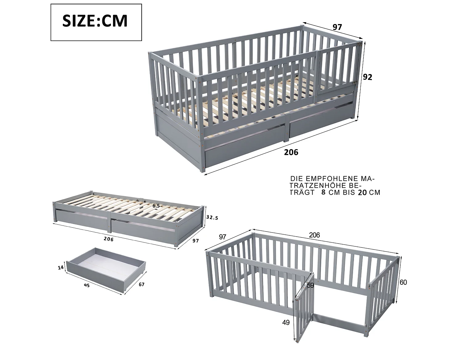 Lit bébé évolutif - 90 x 200 cm - 2 tiroirs - bois massif - sommier à lattes - coloris gris