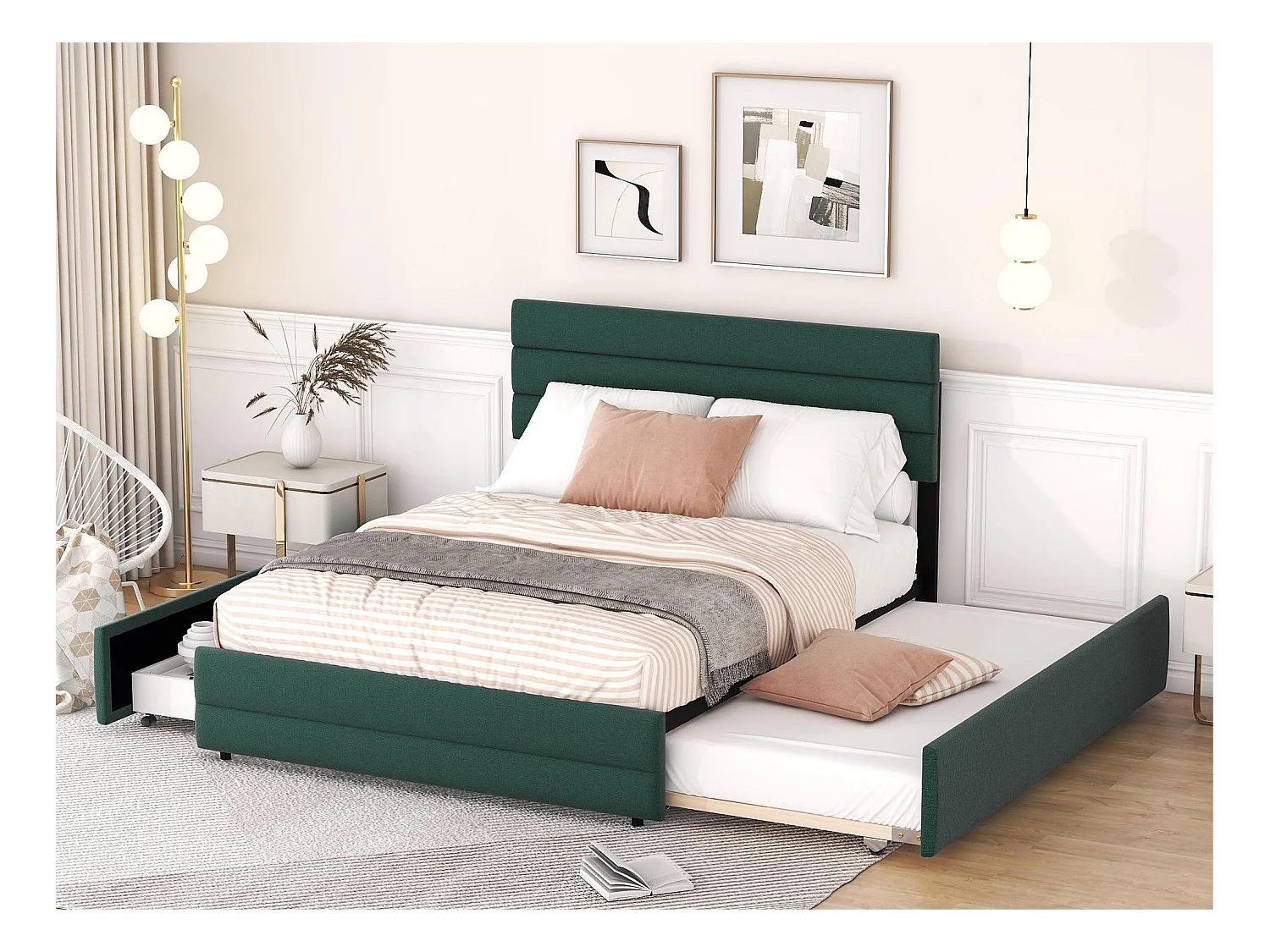 Lit gigogne avec rangement - 140 x 200 cm + 90 x 190 cm - tissu lin - tête de lit réglable - sommier à lattes - coloris vert