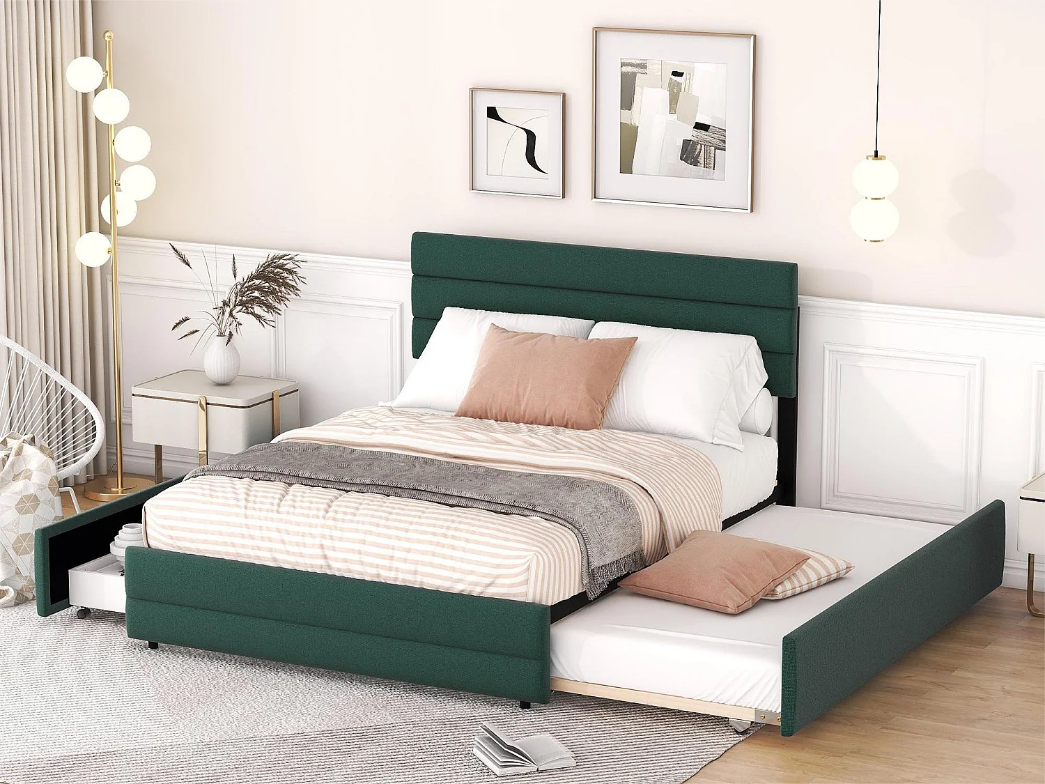 Lit gigogne avec rangement - 140 x 200 cm + 90 x 190 cm - tissu lin - tête de lit réglable - sommier à lattes - coloris vert