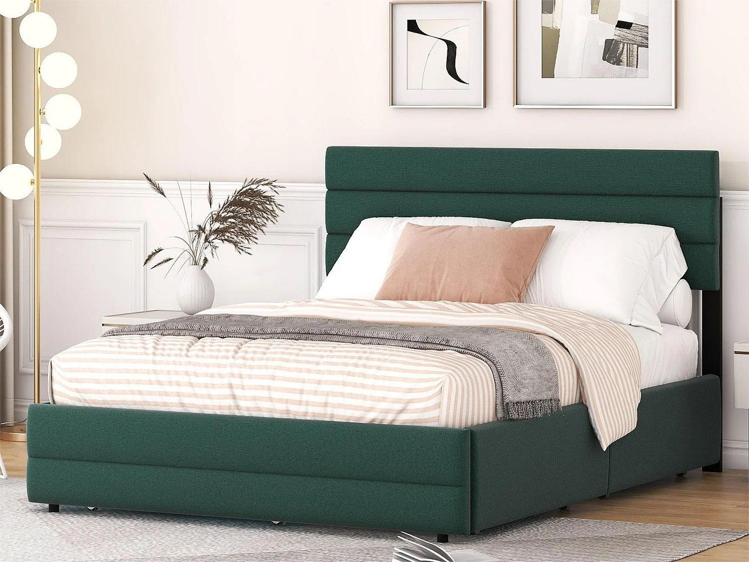 Lit gigogne avec rangement - 140 x 200 cm + 90 x 190 cm - tissu lin - tête de lit réglable - sommier à lattes - coloris vert