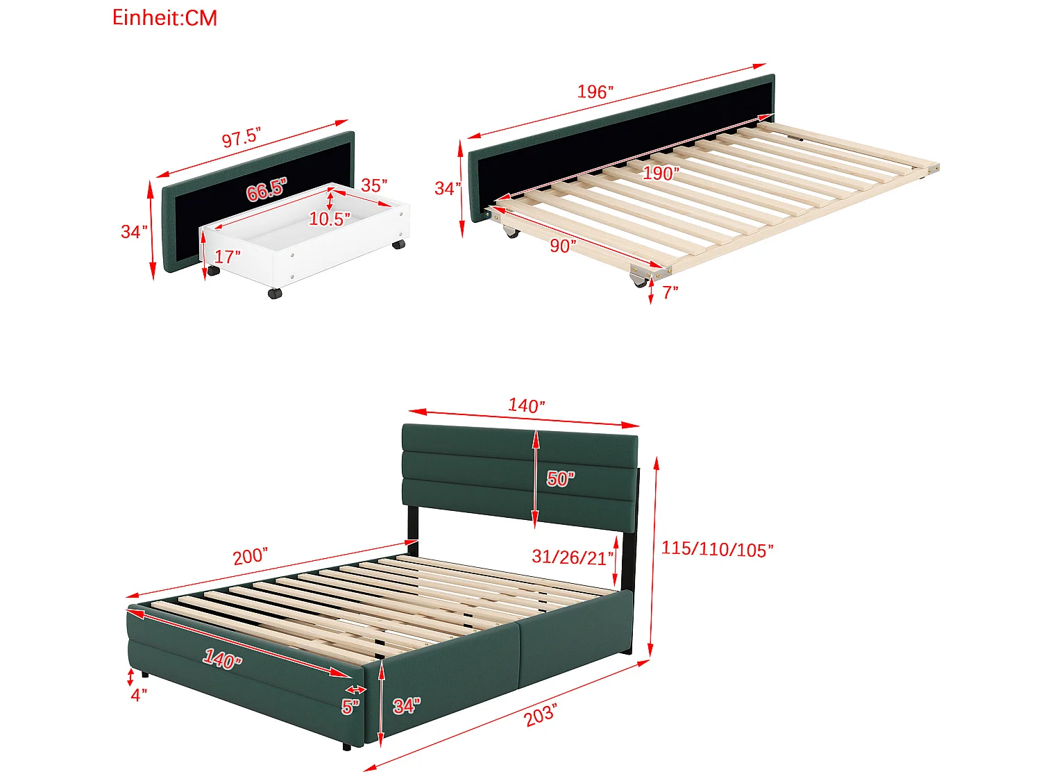 Lit gigogne avec rangement - 140 x 200 cm + 90 x 190 cm - tissu lin - tête de lit réglable - sommier à lattes - coloris vert