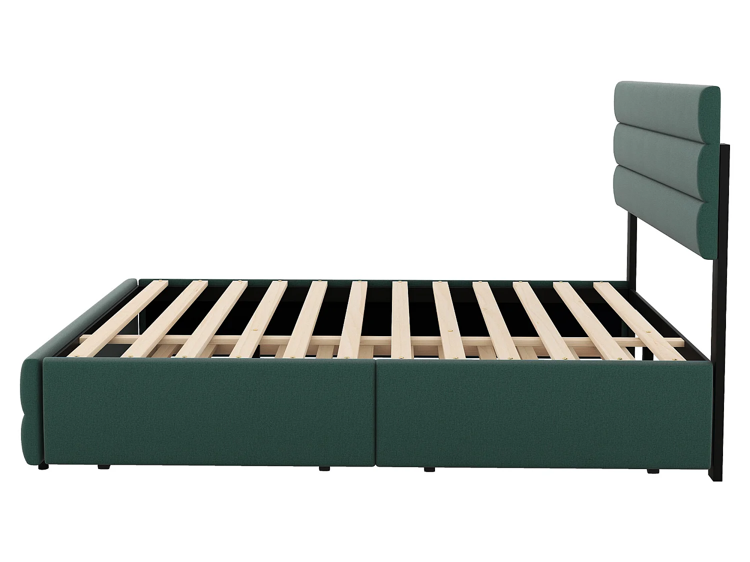 Lit gigogne avec rangement - 140 x 200 cm + 90 x 190 cm - tissu lin - tête de lit réglable - sommier à lattes - coloris vert