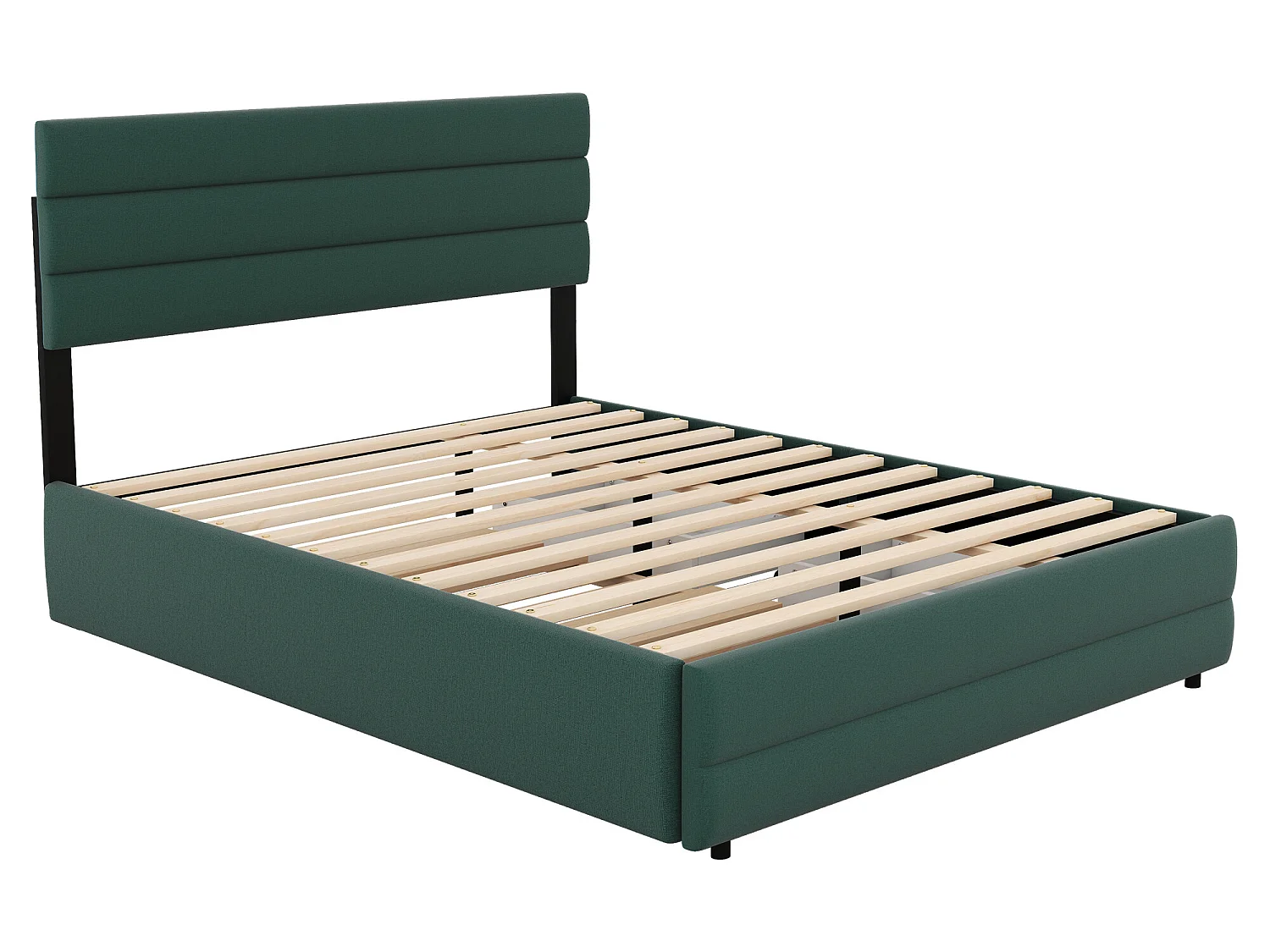Lit gigogne avec rangement - 140 x 200 cm + 90 x 190 cm - tissu lin - tête de lit réglable - sommier à lattes - coloris vert