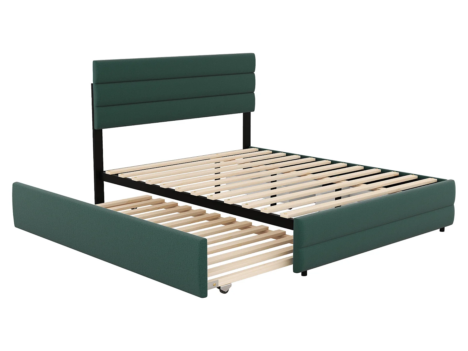 Lit gigogne avec rangement - 140 x 200 cm + 90 x 190 cm - tissu lin - tête de lit réglable - sommier à lattes - coloris vert