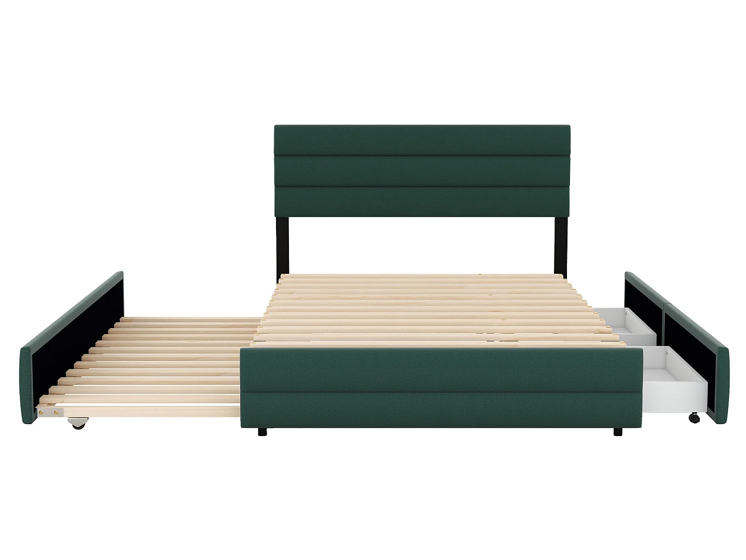 Lit gigogne avec rangement - 140 x 200 cm + 90 x 190 cm - tissu lin - tête de lit réglable - sommier à lattes - coloris vert