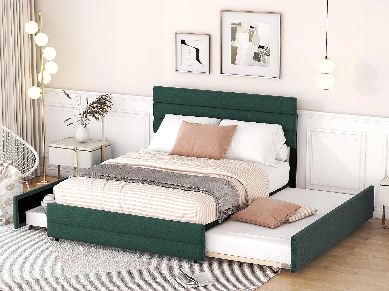 Onderschuifbed met opbergruimte - 140 x 200 cm + 90 x 190 cm - linnenstof - verstelbaar hoofdeinde - lattenbodem - kleur groen