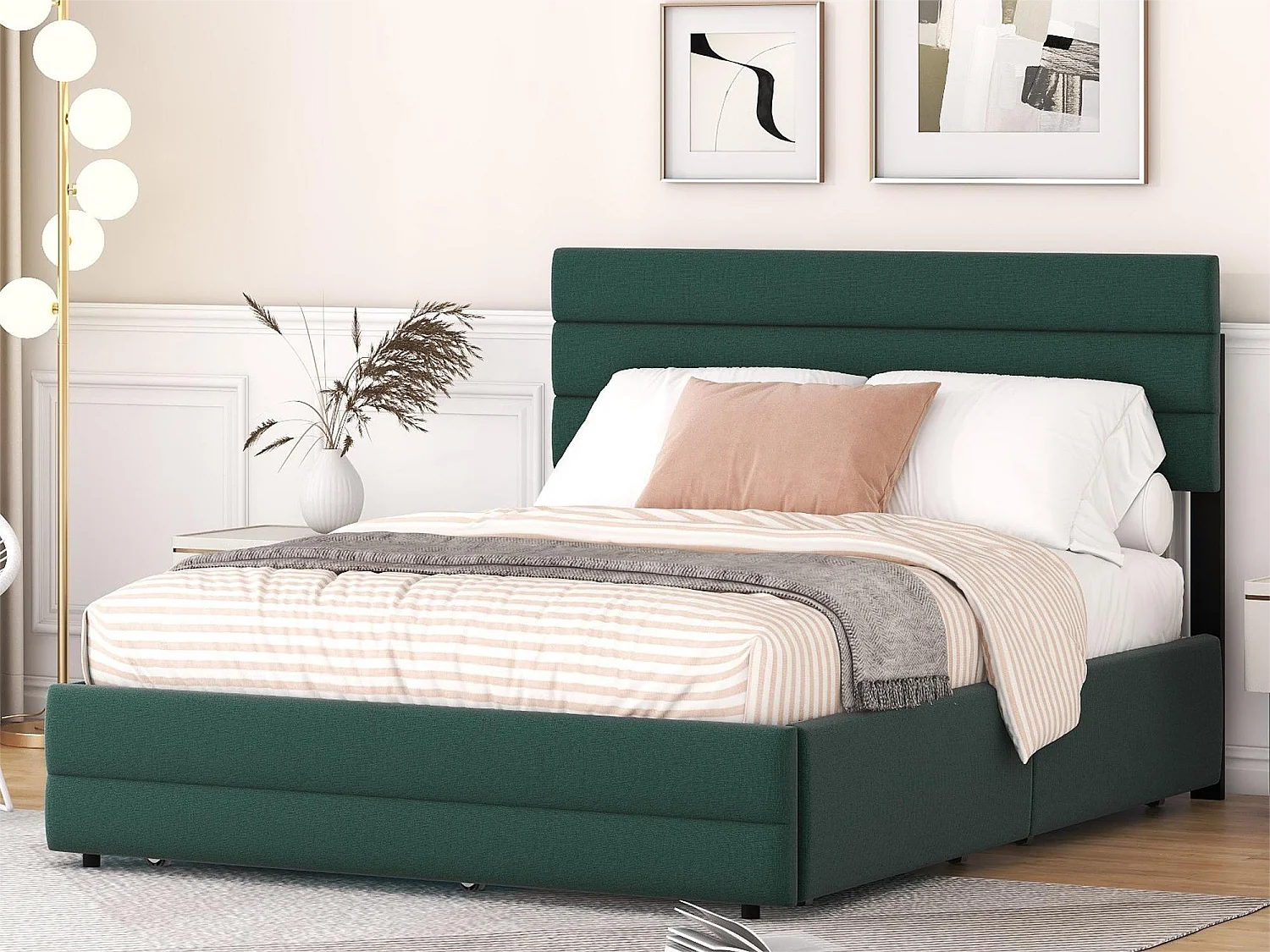 Onderschuifbed met opbergruimte - 140 x 200 cm + 90 x 190 cm - linnenstof - verstelbaar hoofdeinde - lattenbodem - kleur groen