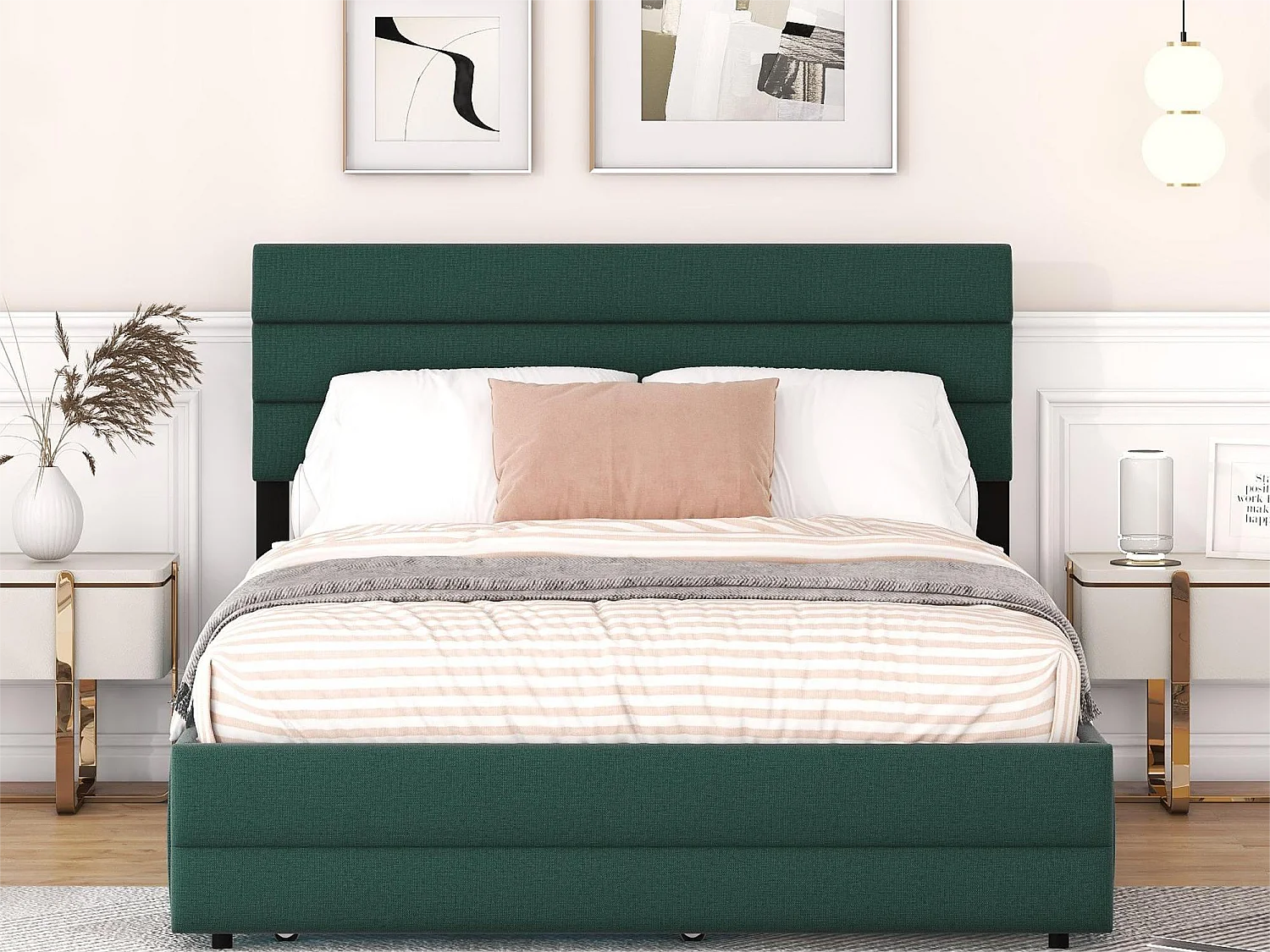 Onderschuifbed met opbergruimte - 140 x 200 cm + 90 x 190 cm - linnenstof - verstelbaar hoofdeinde - lattenbodem - kleur groen