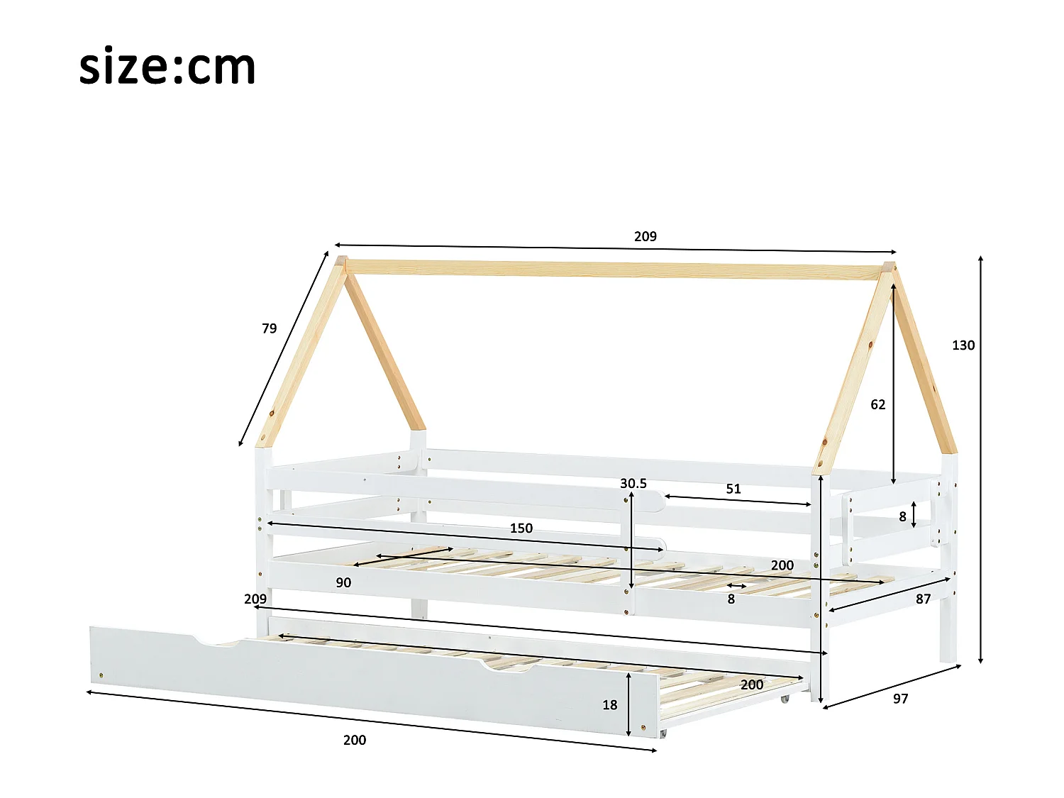 Łóżko wysuwane Cabin - 90 x 200 cm - lite drewno - stelaż z listew - białe