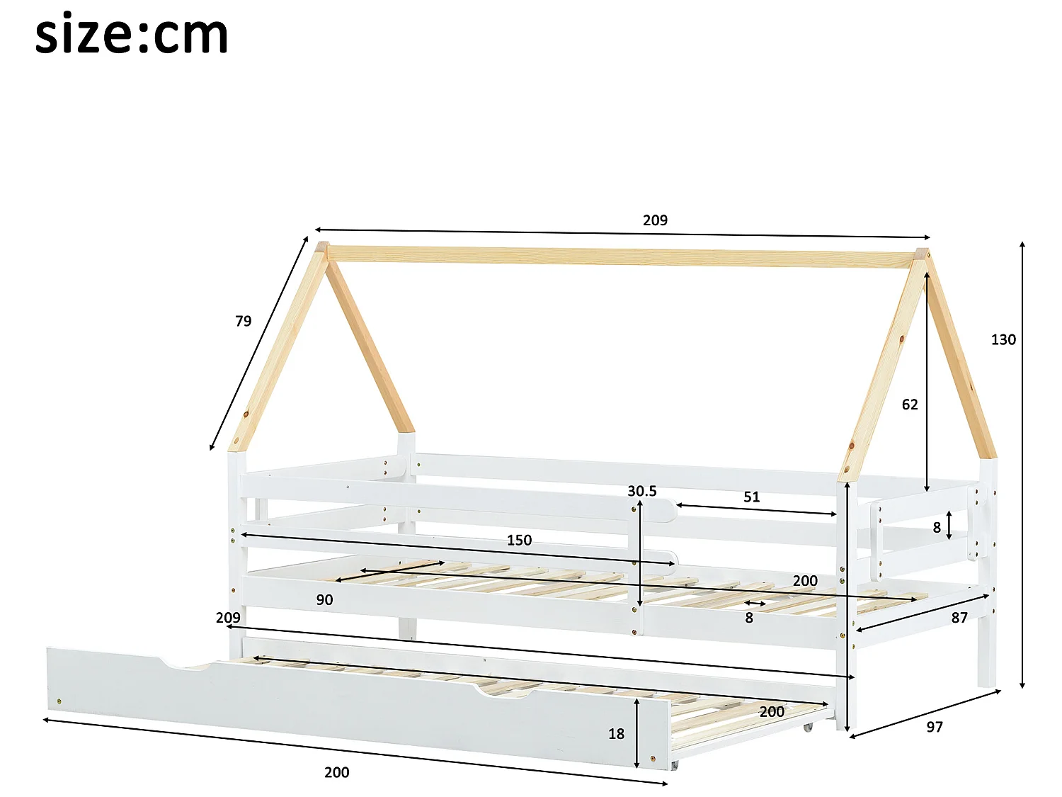 Cama tipo cabine - 90 x 200 cm - madeira maciça - base de ripas - cor branca