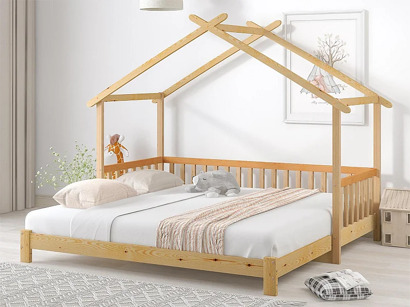 Lit gigogne cabane - 90 x 200 cm - bois massif - sommier à lattes - coloris naturel