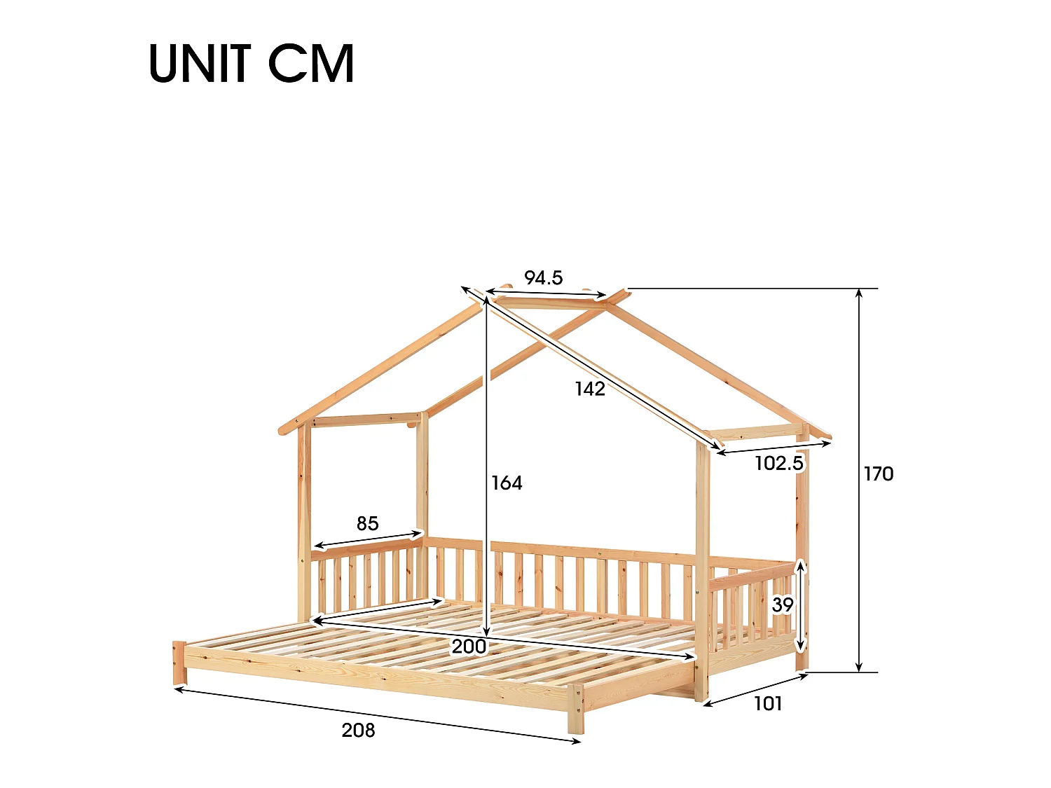 Łóżko wysuwane Cabin - 90 x 200 cm - lite drewno - stelaż z listew - kolor naturalny