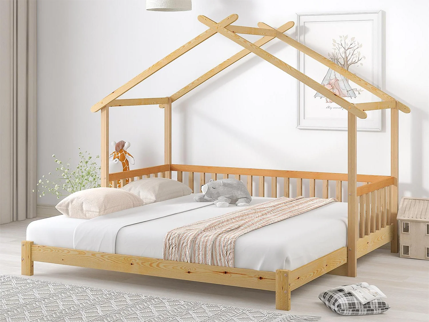 Lit gigogne cabane - 90 x 200 cm - bois massif - sommier à lattes - coloris naturel