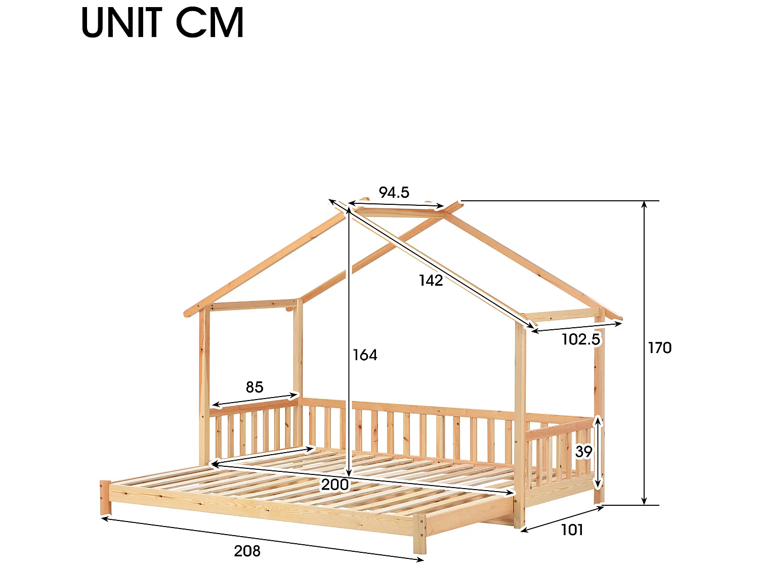 Lit gigogne cabane - 90 x 200 cm - bois massif - sommier à lattes - coloris naturel