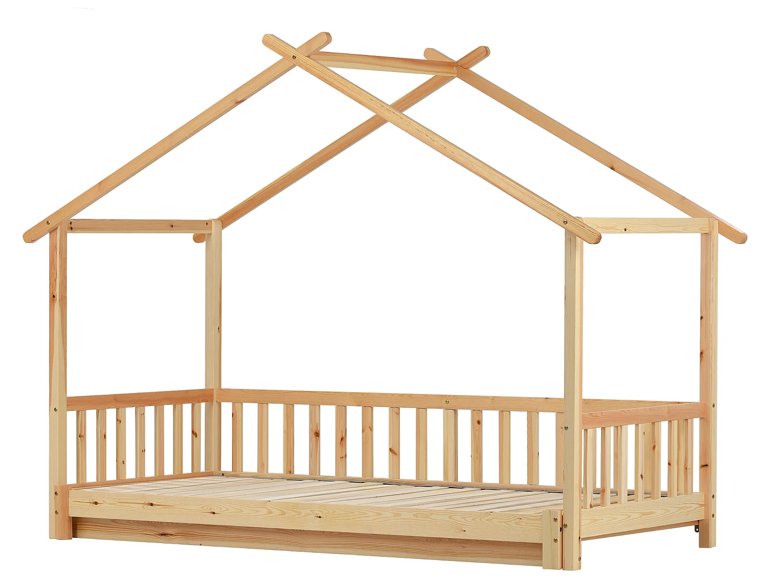 Lit gigogne cabane - 90 x 200 cm - bois massif - sommier à lattes - coloris naturel