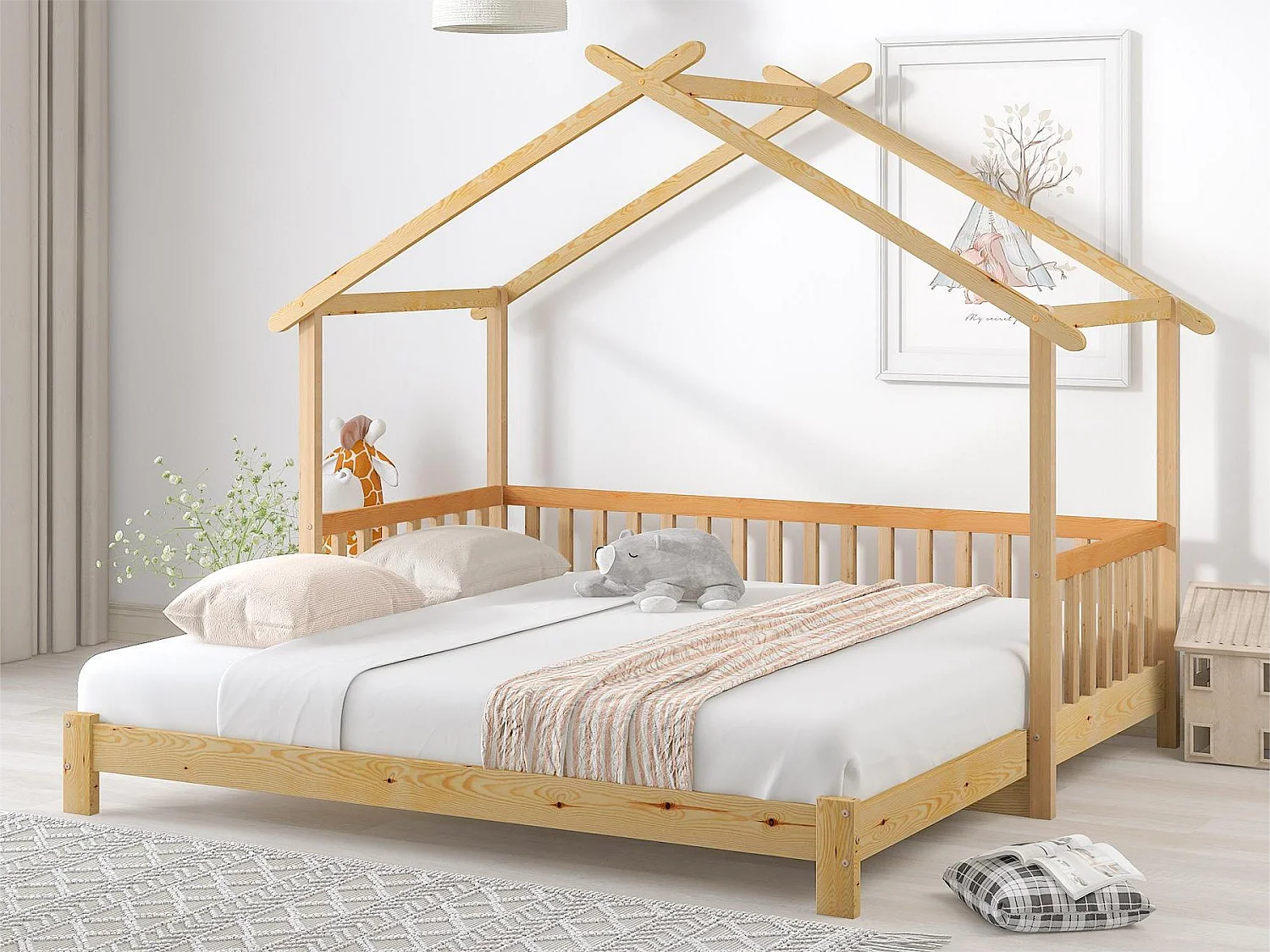 Cama de rodízio cabine - 90 x 200 cm - madeira maciça - base de ripas - cor natural