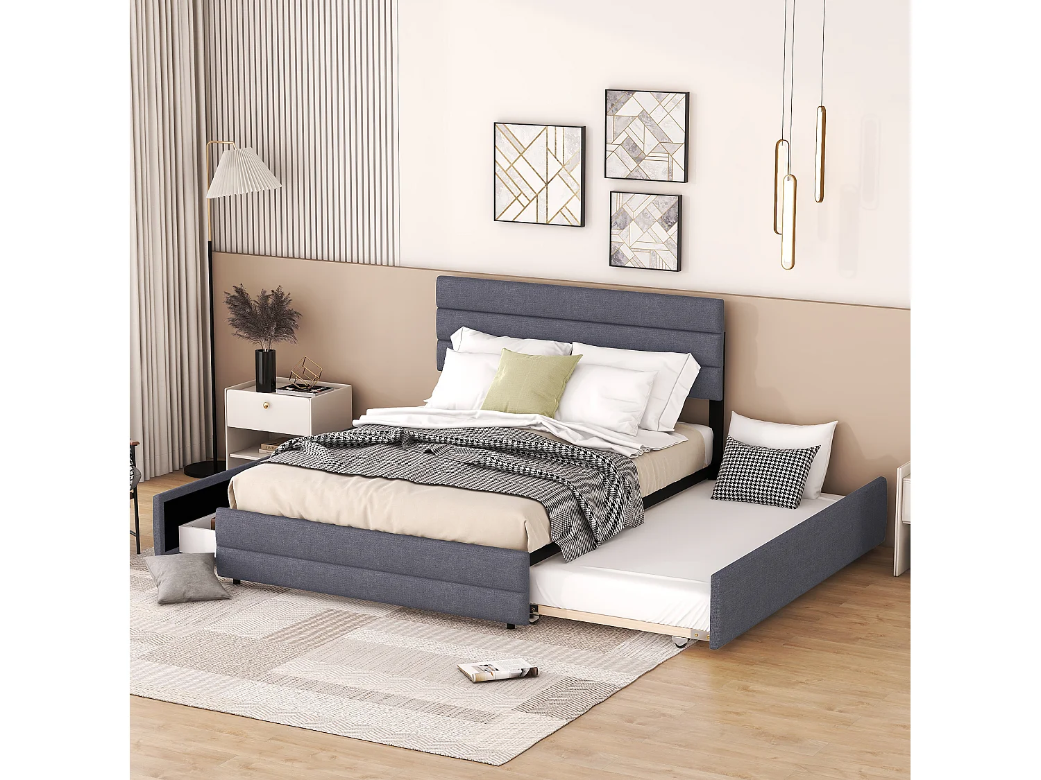 Rollbett mit Stauraum – 140 x 200 cm + 90 x 190 cm – Leinenstoff – verstellbares Kopfteil – Lattenrost – graue Farbe