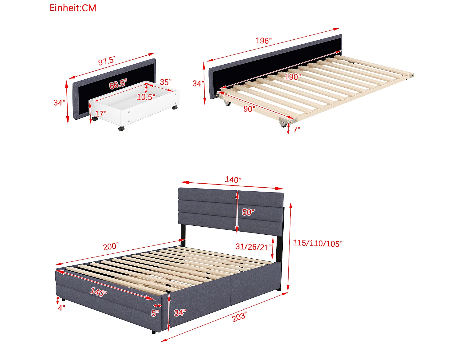 Rollbett mit Stauraum – 140 x 200 cm + 90 x 190 cm – Leinenstoff – verstellbares Kopfteil – Lattenrost – graue Farbe