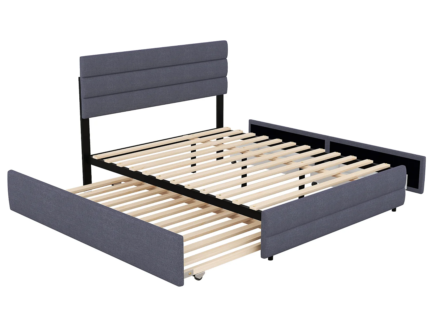 Rollbett mit Stauraum – 140 x 200 cm + 90 x 190 cm – Leinenstoff – verstellbares Kopfteil – Lattenrost – graue Farbe