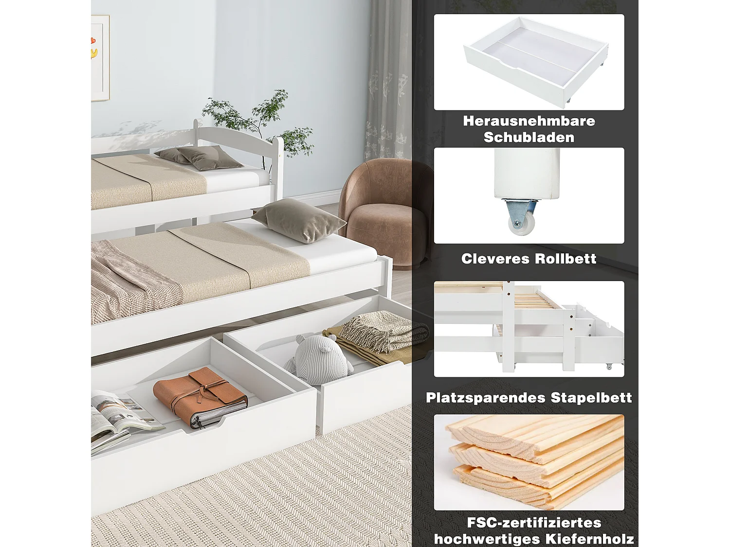 Onderschuifbed met opbergruimte - 90 x 200 cm + 190 x 90 cm - 2 laden - massief hout - witte kleur