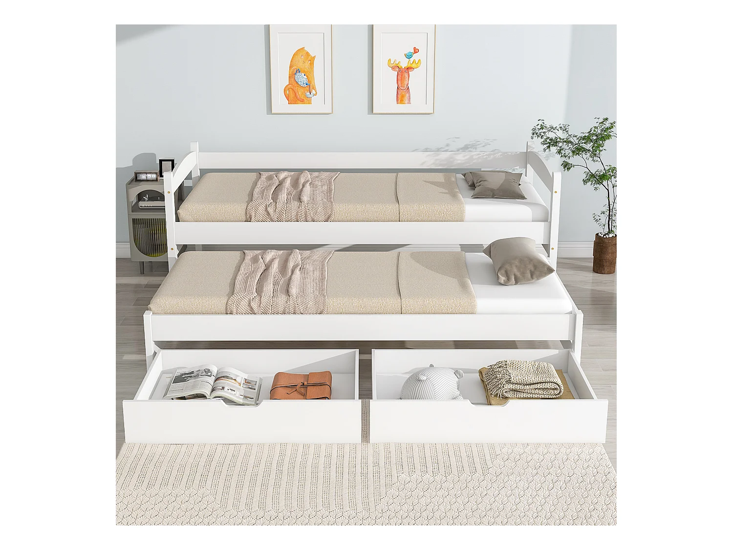 Letto estraibile con contenitore - 90 x 200 cm + 190 x 90 cm - 2 cassetti - legno massello - colore bianco