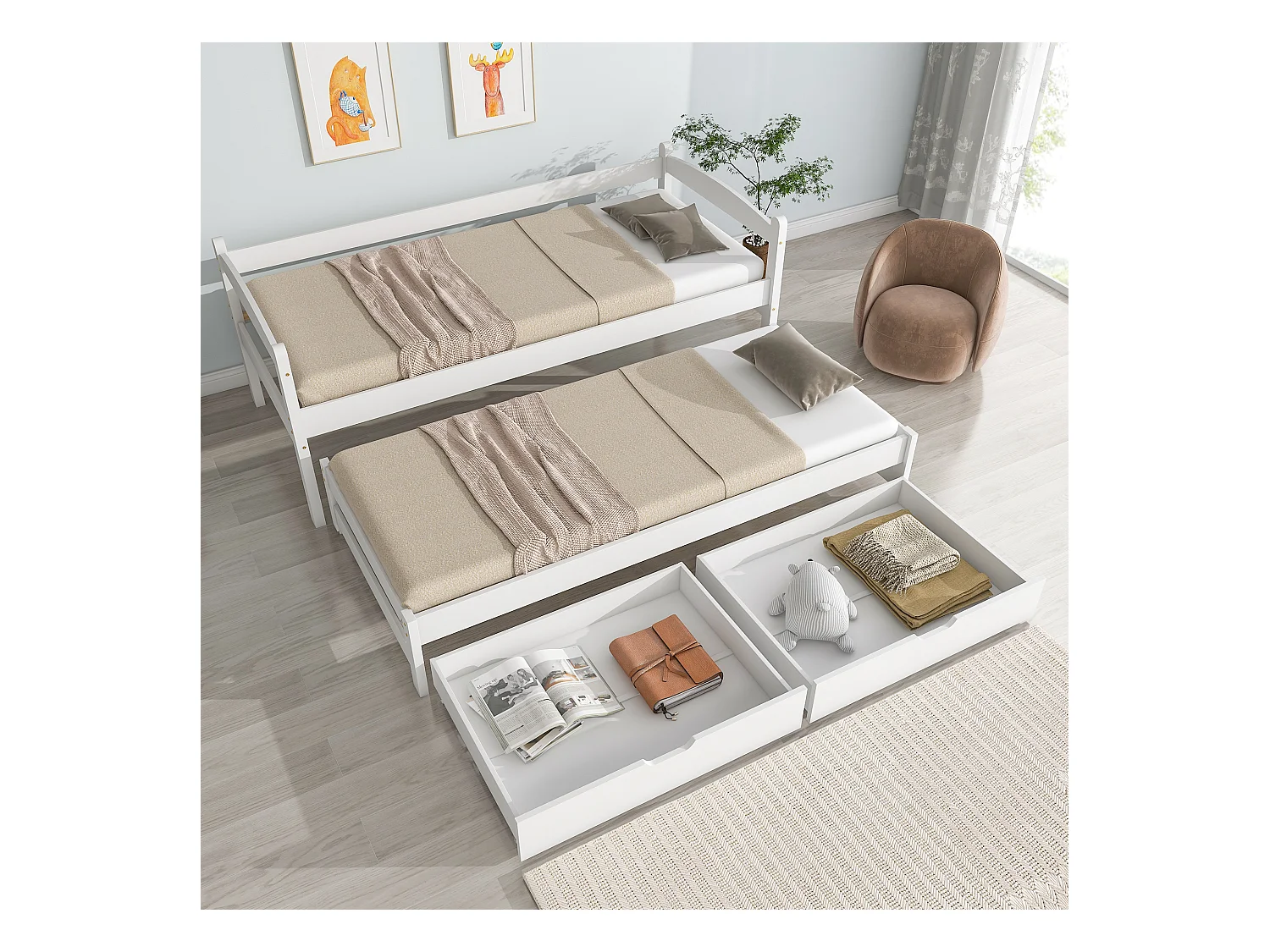 Onderschuifbed met opbergruimte - 90 x 200 cm + 190 x 90 cm - 2 laden - massief hout - witte kleur