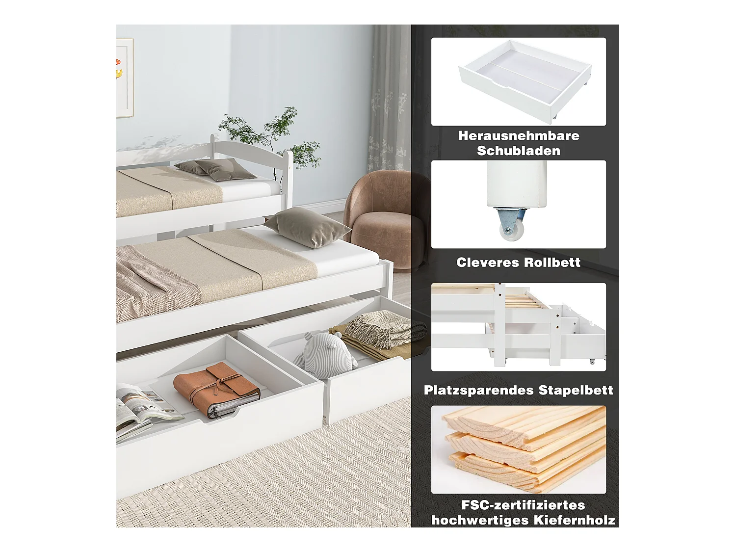 Onderschuifbed met opbergruimte - 90 x 200 cm + 190 x 90 cm - 2 laden - massief hout - witte kleur