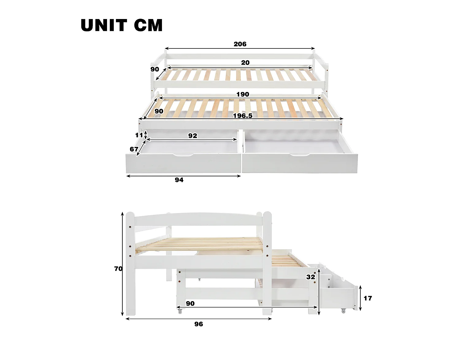 Onderschuifbed met opbergruimte - 90 x 200 cm + 190 x 90 cm - 2 laden - massief hout - witte kleur