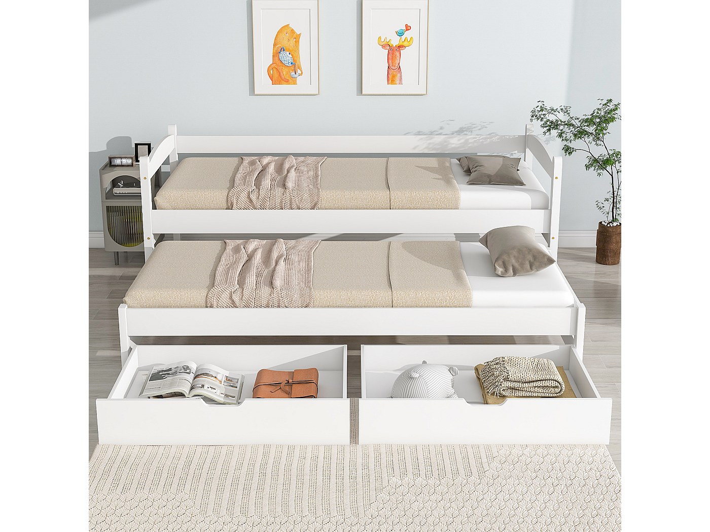 Lit Gigogne 90x200 Avec Tiroir De Rangement – Tissu Lin Vert – Sans Matelas – Canapé-lit Multifonction