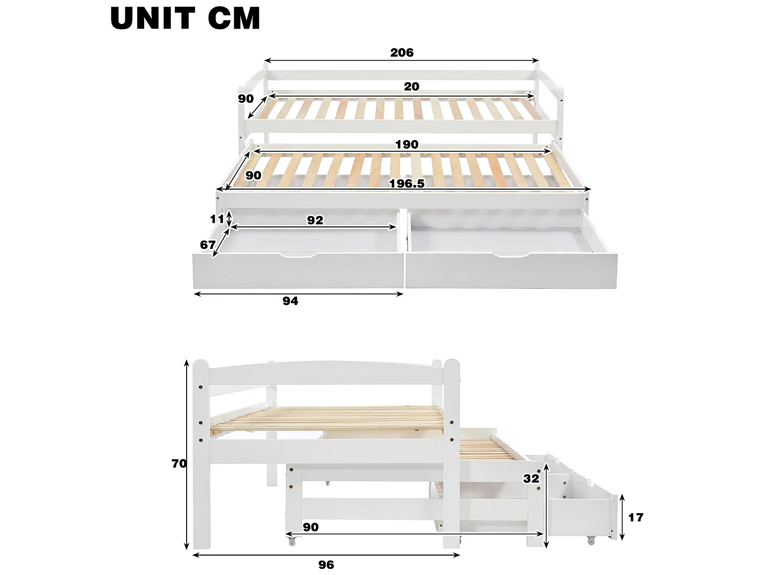 Lit gigogne avec rangement - 90 x 200 cm + 190 x 90 cm - 2 tiroirs - bois massif - coloris blanc