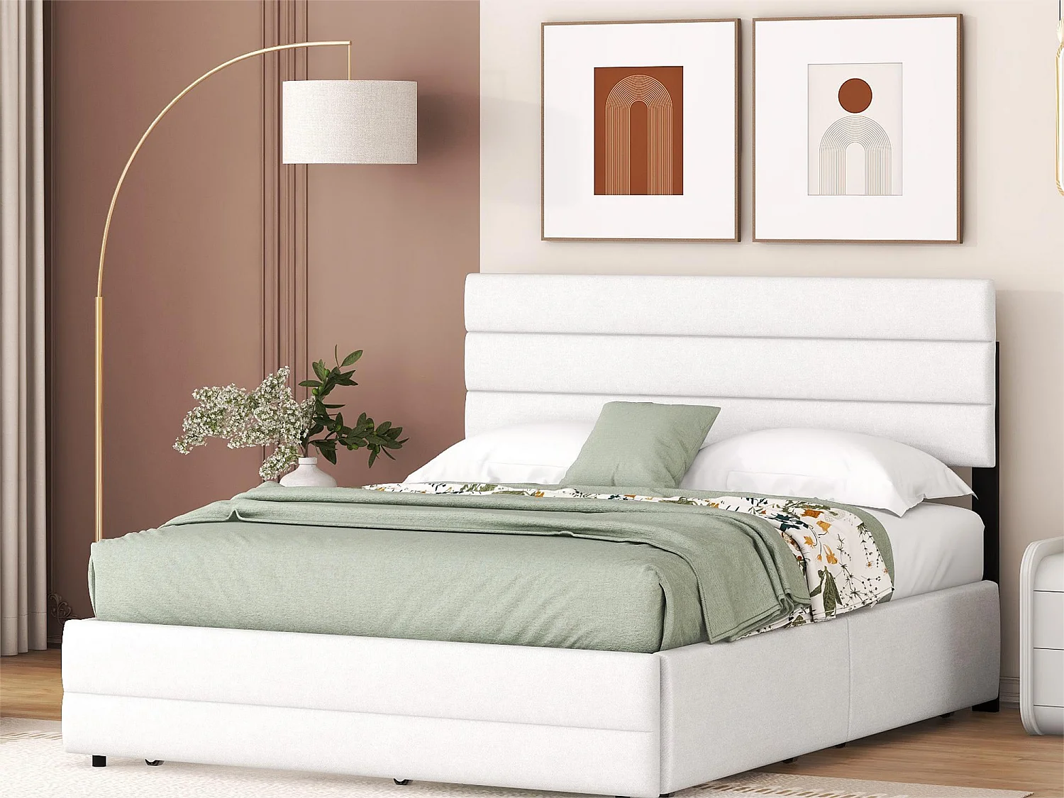 Lit gigogne avec rangement - 140 x 200 cm + 90 x 190 cm - tissu lin - tête de lit réglable - sommier à lattes - coloris blanc