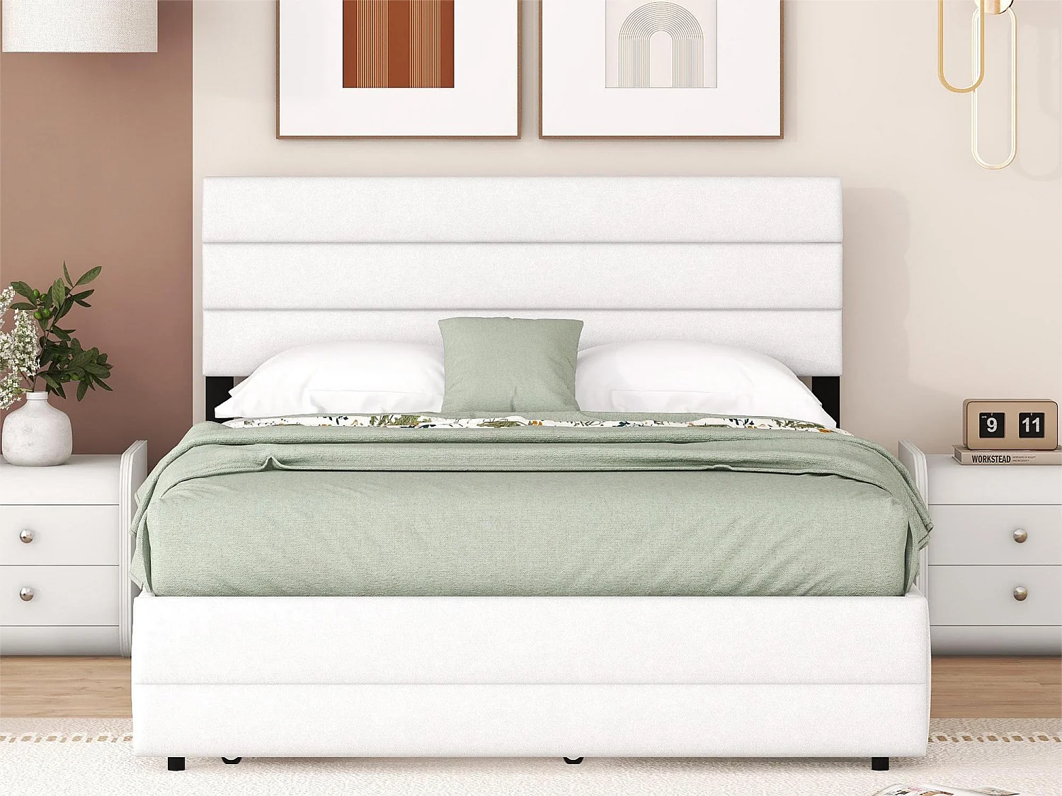 Lit gigogne avec rangement - 140 x 200 cm + 90 x 190 cm - tissu lin - tête de lit réglable - sommier à lattes - coloris blanc