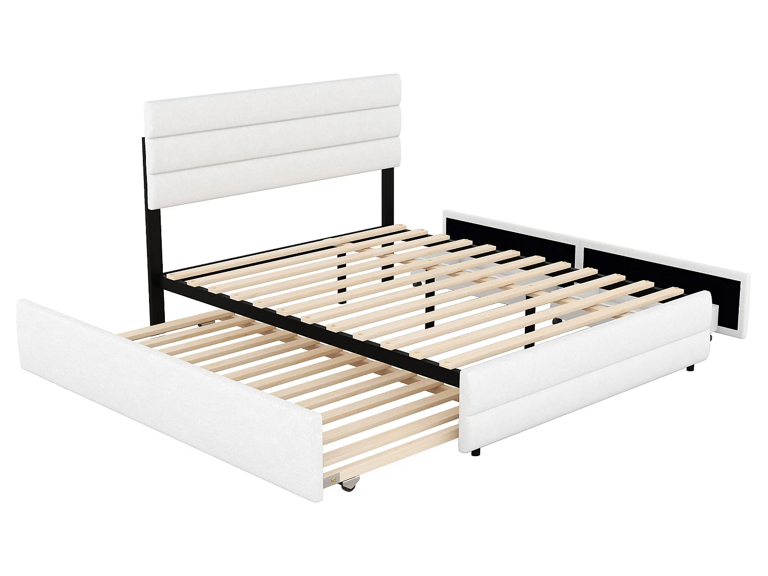 Lit gigogne avec rangement - 140 x 200 cm + 90 x 190 cm - tissu lin - tête de lit réglable - sommier à lattes - coloris blanc