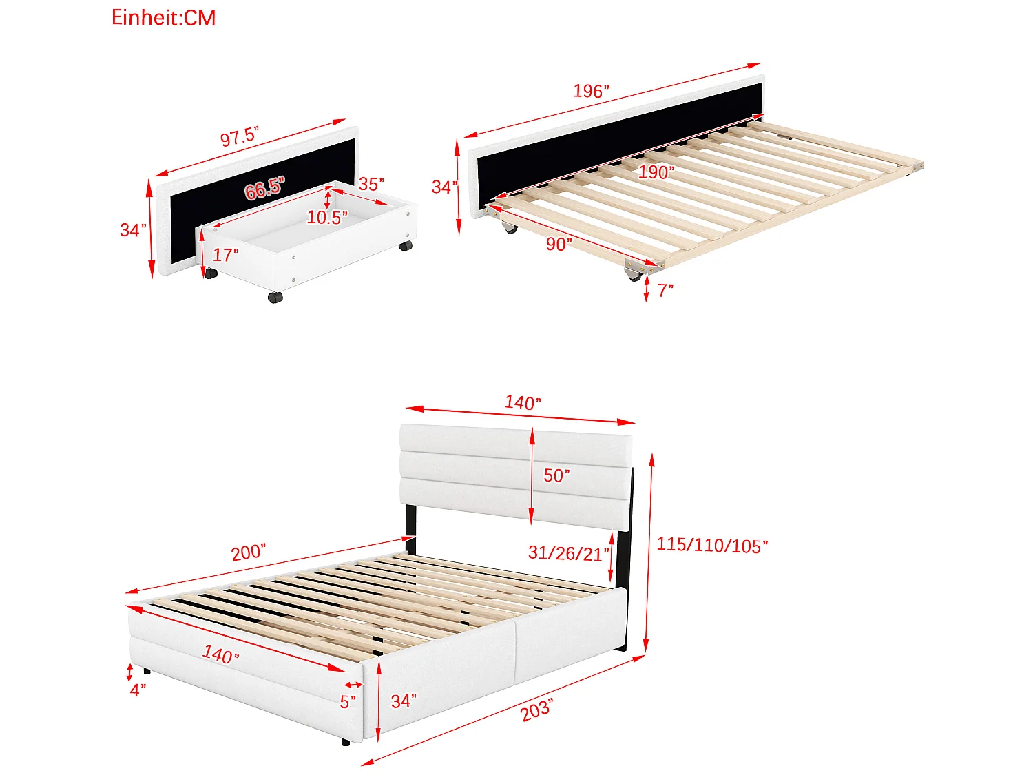 Lit gigogne avec rangement - 140 x 200 cm + 90 x 190 cm - tissu lin - tête de lit réglable - sommier à lattes - coloris blanc