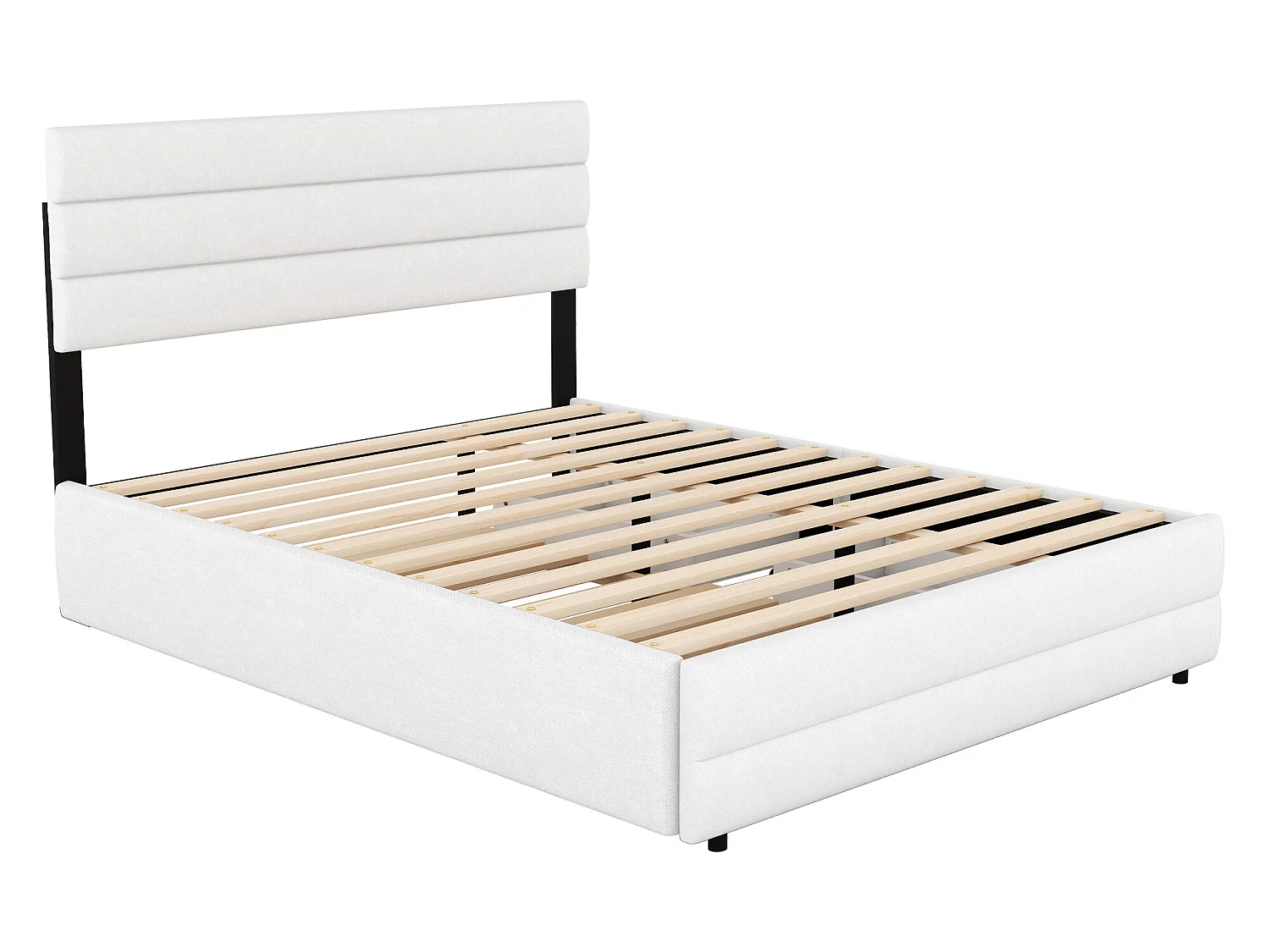 Lit gigogne avec rangement - 140 x 200 cm + 90 x 190 cm - tissu lin - tête de lit réglable - sommier à lattes - coloris blanc