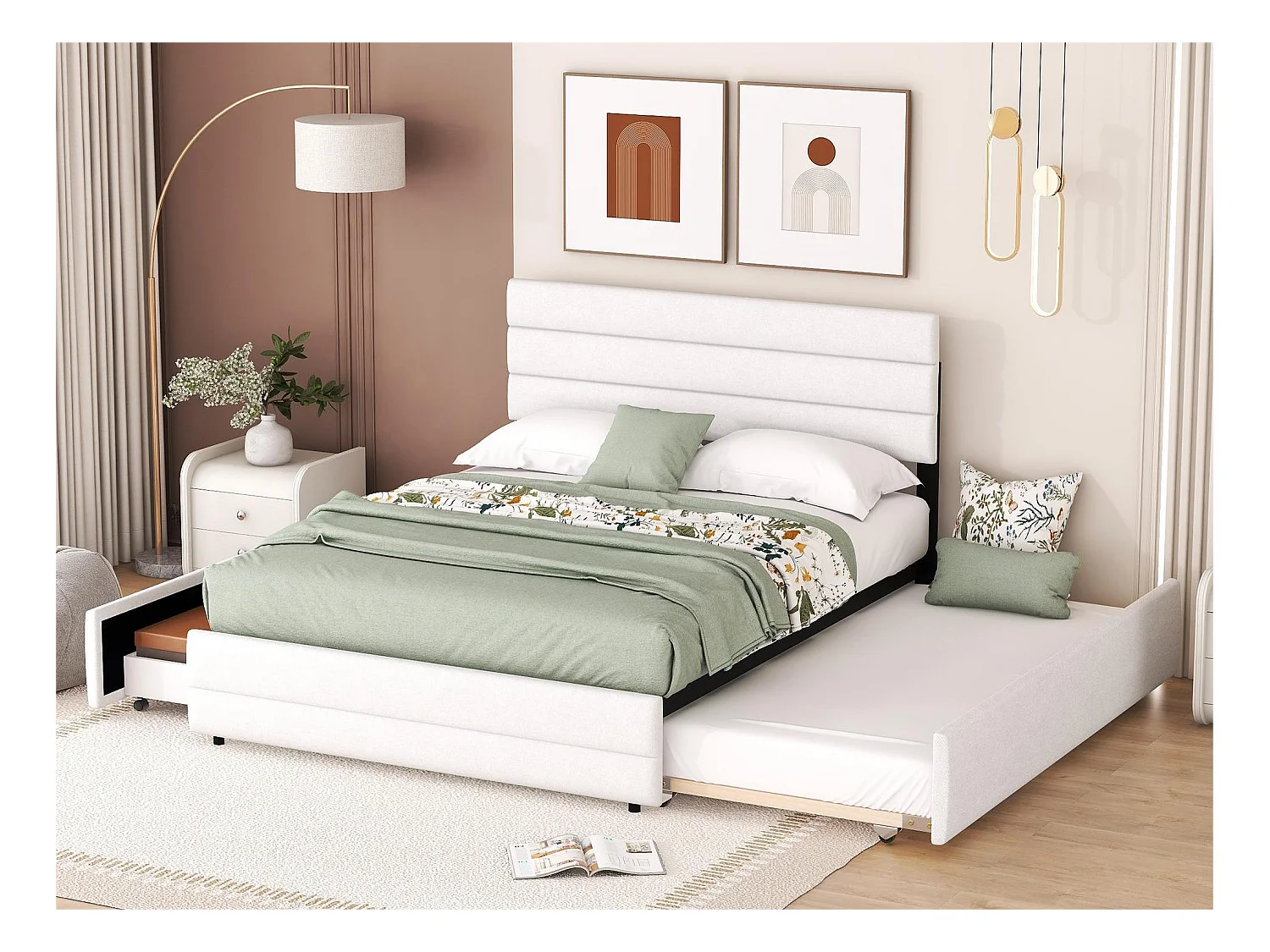 Lit gigogne avec rangement - 140 x 200 cm + 90 x 190 cm - tissu lin - tête de lit réglable - sommier à lattes - coloris blanc