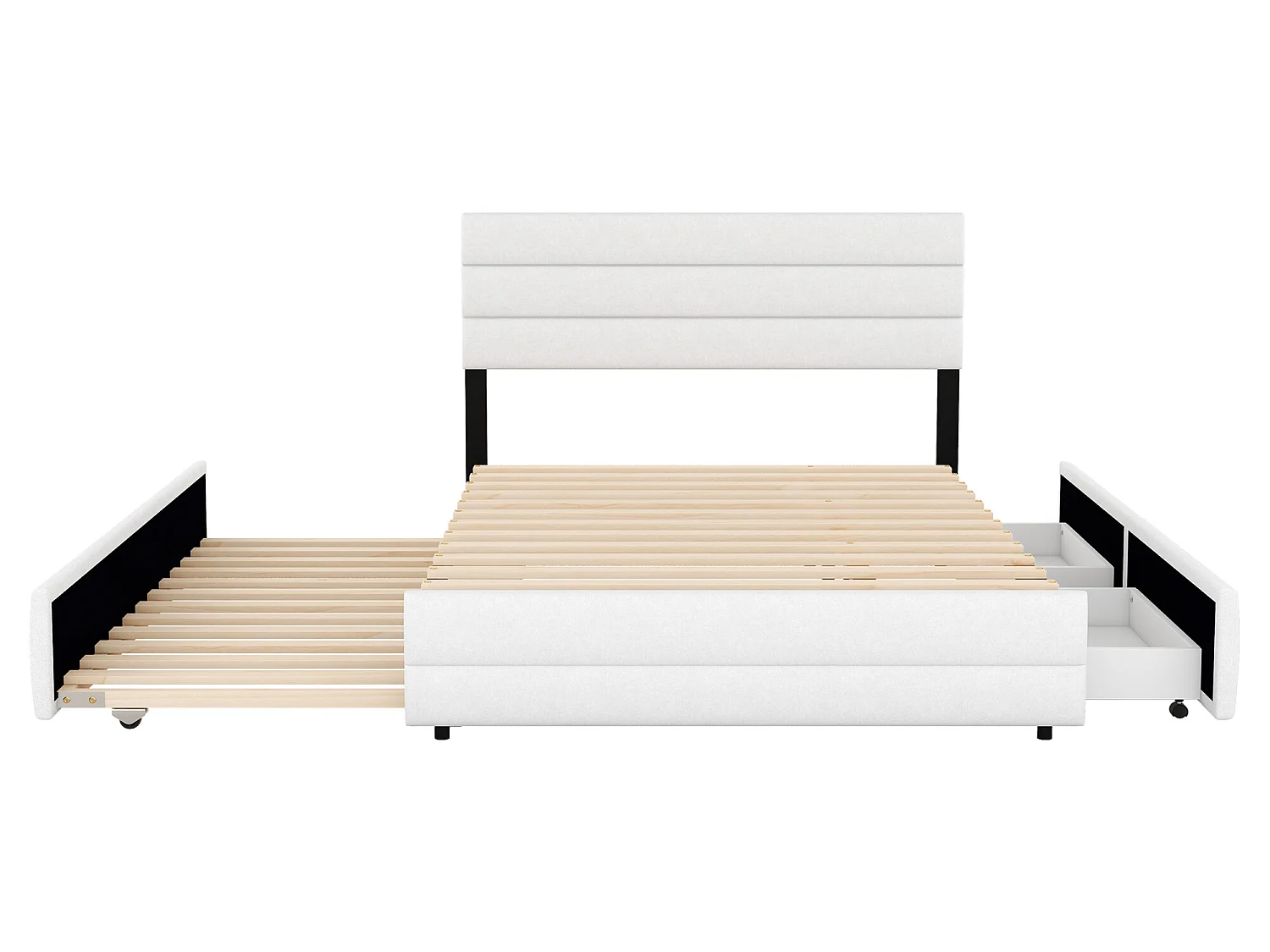 Lit gigogne avec rangement - 140 x 200 cm + 90 x 190 cm - tissu lin - tête de lit réglable - sommier à lattes - coloris blanc