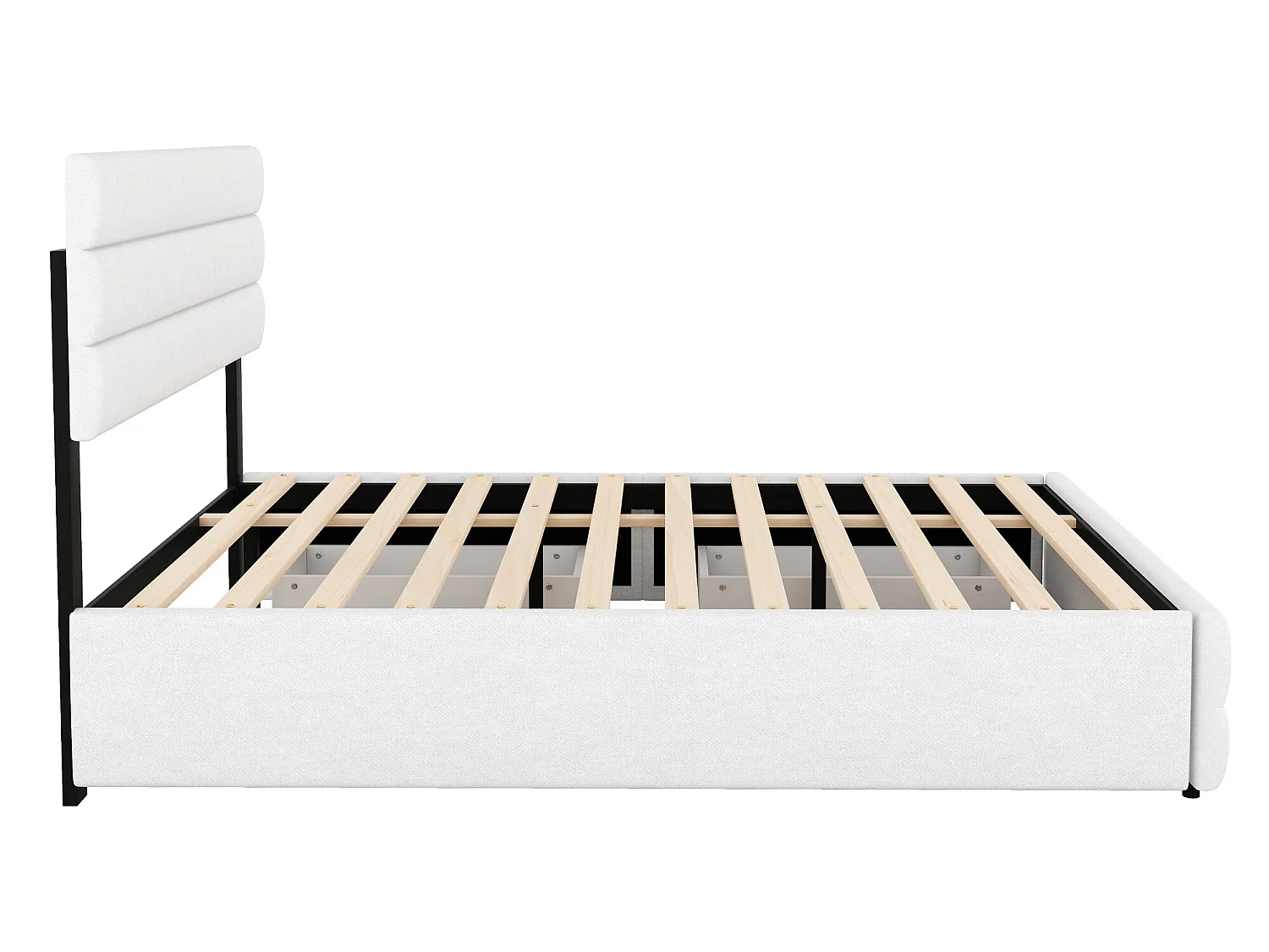 Lit gigogne avec rangement - 140 x 200 cm + 90 x 190 cm - tissu lin - tête de lit réglable - sommier à lattes - coloris blanc
