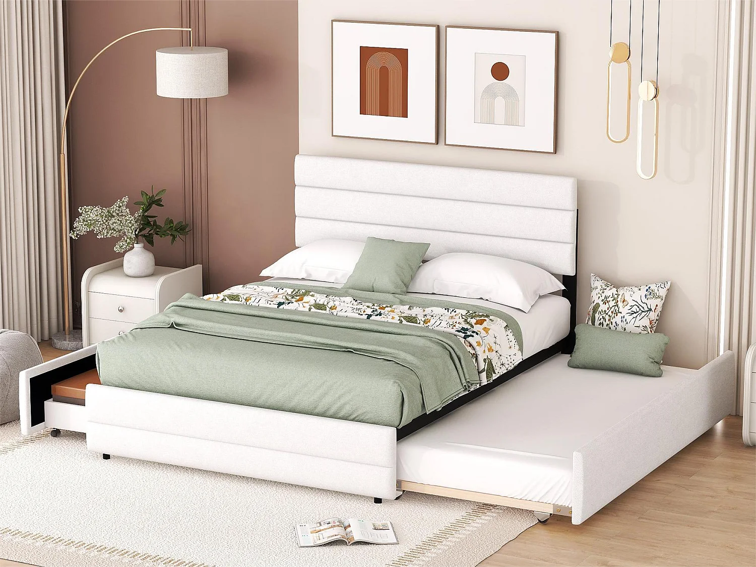 Lit gigogne avec rangement - 140 x 200 cm + 90 x 190 cm - tissu lin - tête de lit réglable - sommier à lattes - coloris blanc