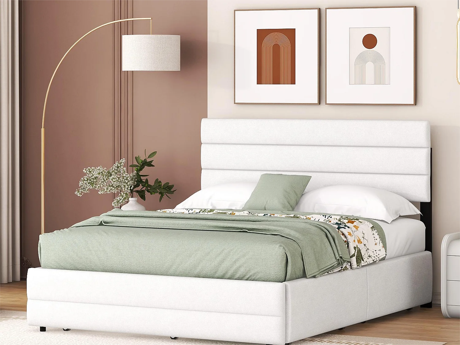 Lit gigogne avec rangement - 140 x 200 cm + 90 x 190 cm - tissu lin - tête de lit réglable - sommier à lattes - coloris blanc