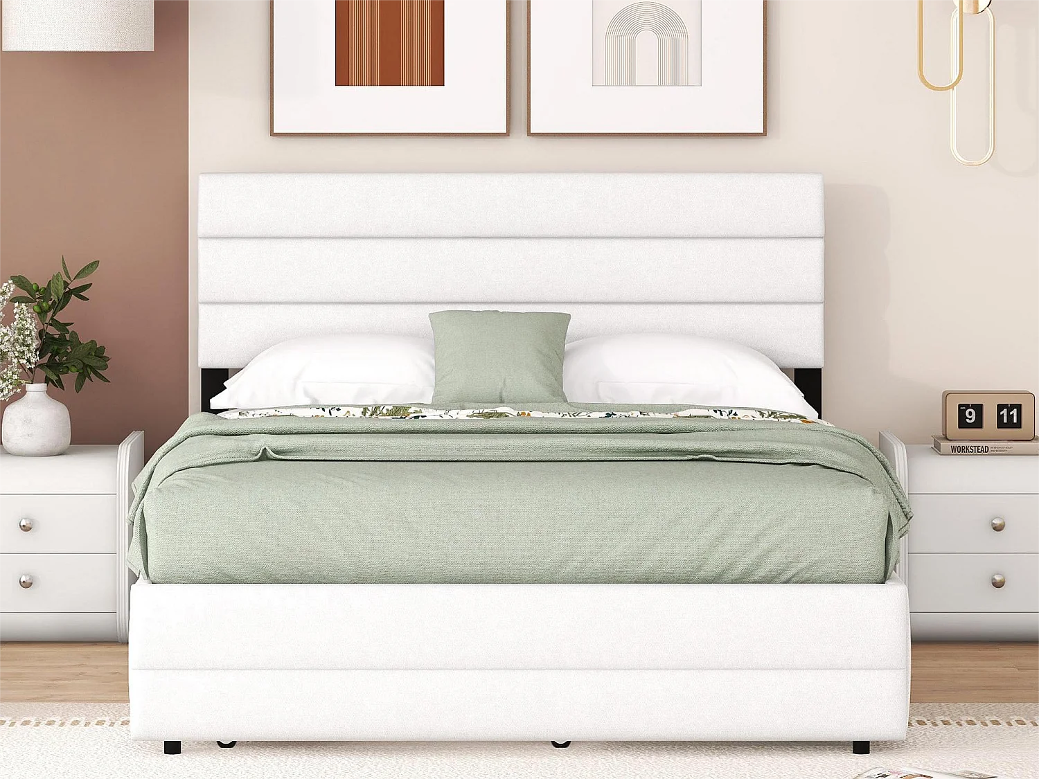 Lit gigogne avec rangement - 140 x 200 cm + 90 x 190 cm - tissu lin - tête de lit réglable - sommier à lattes - coloris blanc