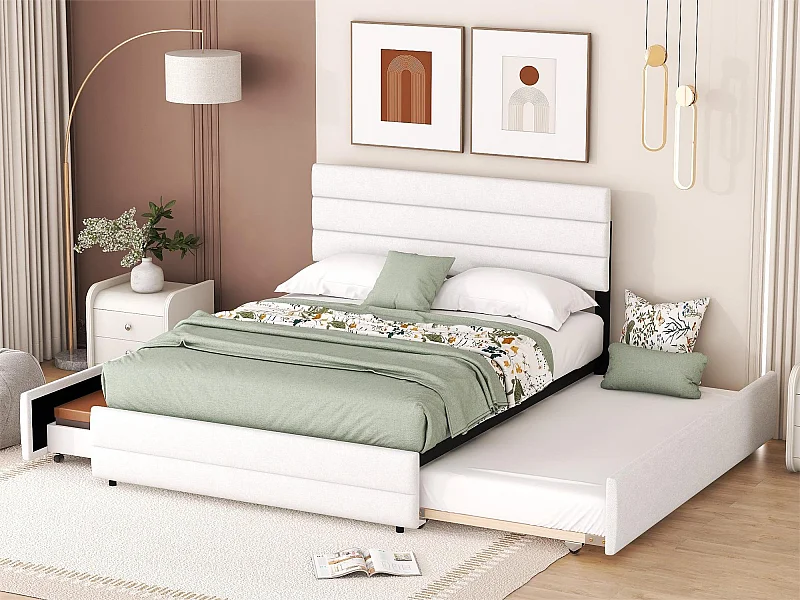 Onderschuifbed met opbergruimte - 140 x 200 cm + 90 x 190 cm - linnenstof - verstelbaar hoofdeinde - lattenbodem - kleur wit