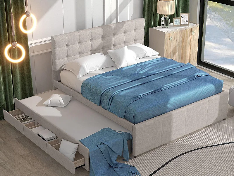 Ausziehbett mit 3 Schubladen – 140 x 200 cm + 90 x 190 cm – Leinenstoff – verstellbares Kopfteil – beige Farbe