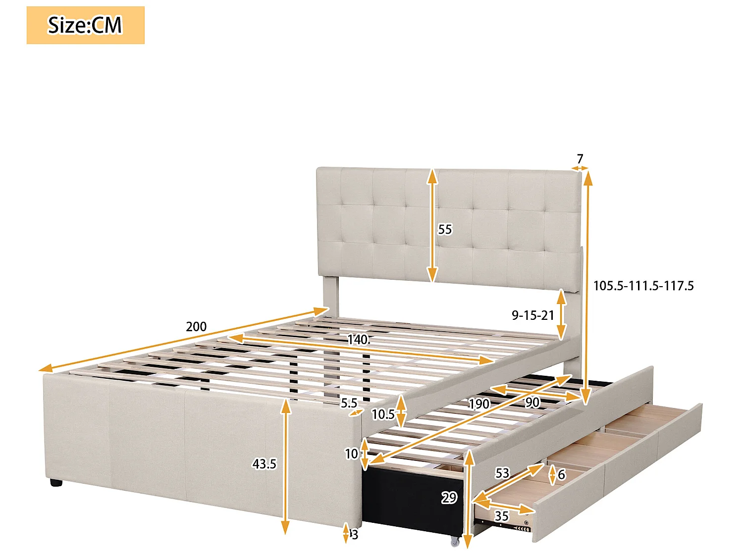 Onderschuifbed met 3 laden - 140 x 200 cm + 90 x 190 cm - linnen stof - verstelbaar hoofdeinde - beige kleur