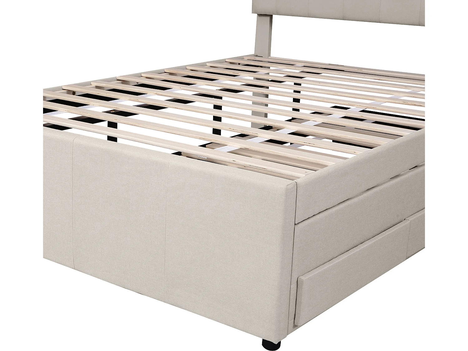 Onderschuifbed met 3 laden - 140 x 200 cm + 90 x 190 cm - linnen stof - verstelbaar hoofdeinde - beige kleur