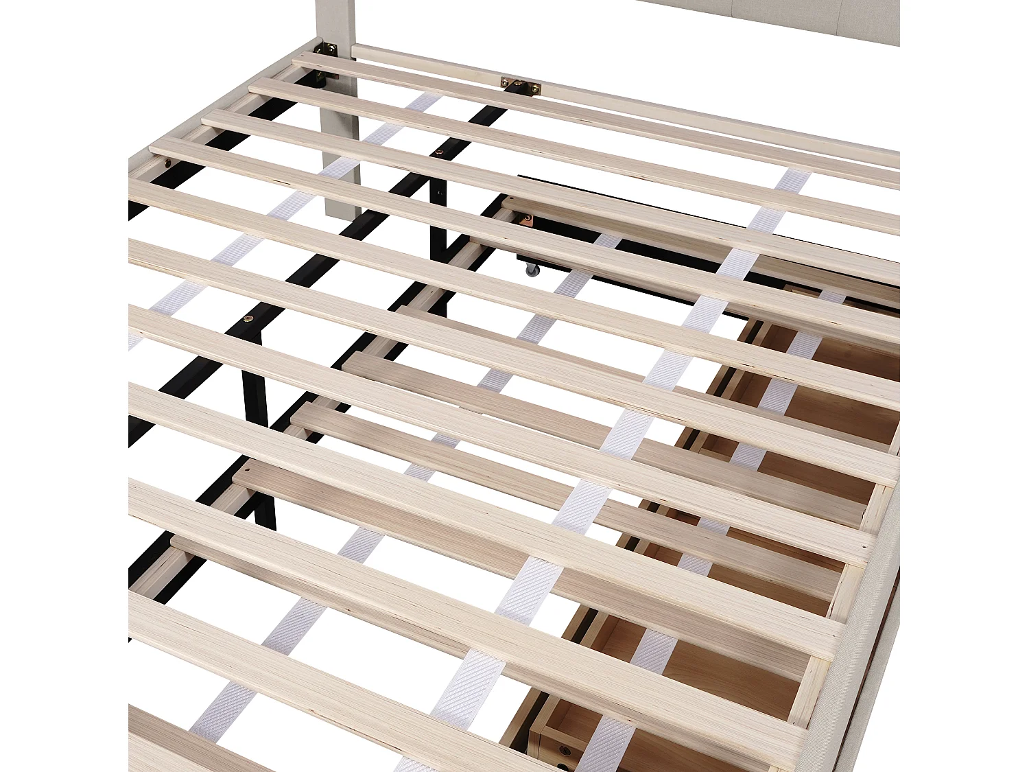 Onderschuifbed met 3 laden - 140 x 200 cm + 90 x 190 cm - linnen stof - verstelbaar hoofdeinde - beige kleur