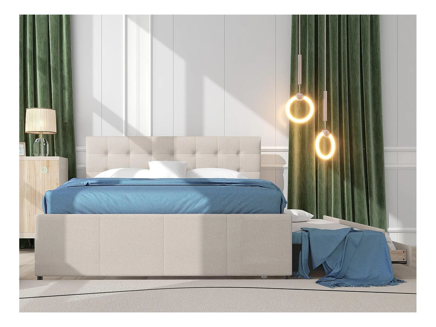 Lit gigogne avec 3 tiroirs - 140 x 200 cm + 90 x 190 cm - tissu lin - tête de lit réglable - coloris beige