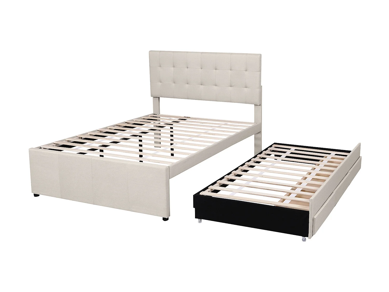 Lit gigogne avec 3 tiroirs - 140 x 200 cm + 90 x 190 cm - tissu lin - tête de lit réglable - coloris beige